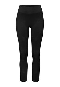 Musta legginsit korkealla vyötäröllä, sileä pinta, kapeneva malli ja vahvistetut saumat. Valmistettu joustavasta kankaasta mukavuutta varten.