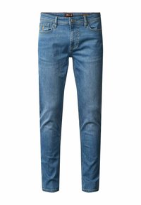 Jean slim bleu pour homme avec bouton et fermeture éclair à l'avant, design classique à cinq poches, et légère décoloration sur les cuisses et les genoux.