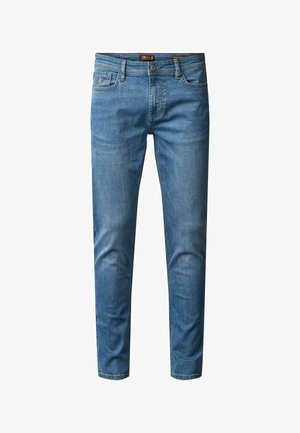 Muške plave traperice uskog kroja s prednjim gumbom i patentnim zatvaračem, klasičnim dizajnom s pet džepova i suptilnim izblijedjelostima na bedrima i koljenima.