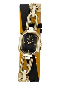 Gold-toned octagonal watch with a black face, black leather band, and gold link accents. Features a contrasting yellow inner lining.