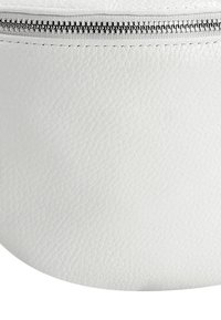 White leather pouch with a slight texture and a metallic zipper closure along the top edge, highlighting a smooth, rounded shape.