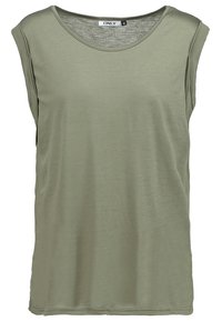 Top senza maniche verde oliva con scollatura rotonda, realizzato in tessuto morbido e leggero. Presenta una vestibilità rilassata e dettagli di cucitura discreti.