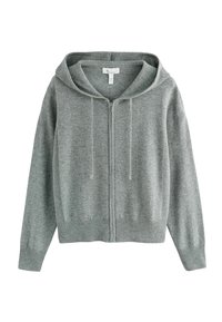 Šedá mikina na zip vyrobená z měkkého pleteného materiálu, s žebrovaným lemem a manžetami, nastavitelnými šňůrkami na kapuci a uvolněným střihem.