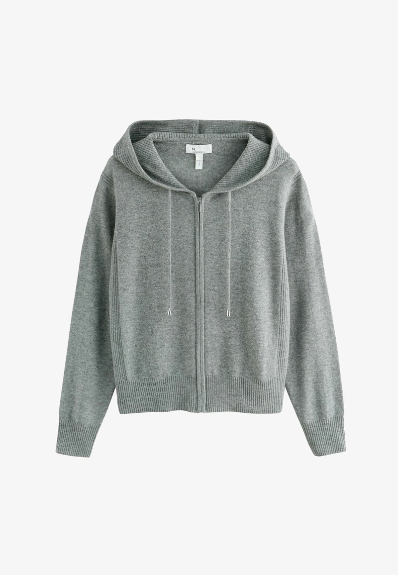 Pelēks zip-up kapuce, izgatavots no mīksta adījuma materiāla, ar ribotu apakšmalu un piedurknēm, regulējamām auklām uz kapuces un brīvu piegriezumu.