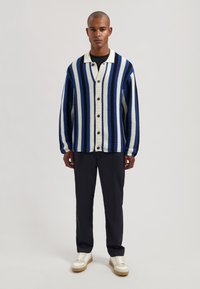 Sinivalkoinen raidallinen neulejakku, jossa on kaulus, etunapit ja rento istuvuus, yhdistetty tummiin housuihin ja valkoisiin lenkkareihin.