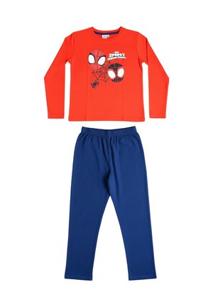 Red long-sleeve top with Spider-Man faces and text "Spidey Amazing Friends," paired with solid blue elastic-waist pants for children.