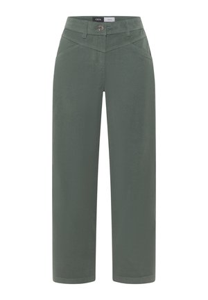 Hochtaillierte, gerade geschnittene Hosen in gedämpftem Grün mit Fronttaschen, Knopfverschluss, Gürtelschlaufen und V-förmigem Nahtdetail am Bund.