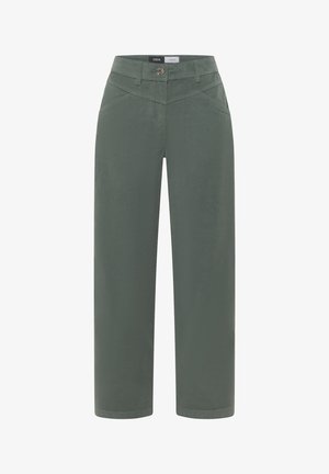 Pantaloni a vita alta a gamba dritta in verde tenue con tasche frontali, chiusura con bottoni, passanti per cintura e dettaglio a cucitura a forma di V in corrispondenza della vita.