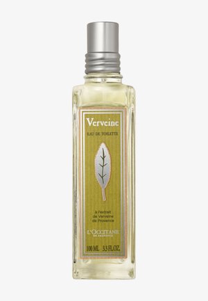 Clear rectangular glass bottle of L'Occitane Verveine Eau de Toilette, 100ml, with silver cap and green label featuring a leaf design.