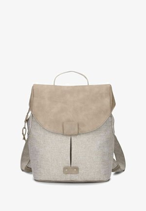 Beige and light gray fabric backpack with flap closure, top handle, adjustable straps, and small metal detail on front.