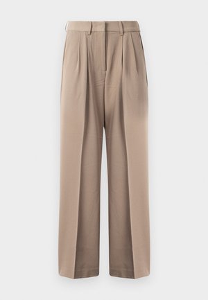 Beige trousers with a high waist, two front pleats, and wide-leg design. Made of smooth fabric with a clean finish and no visible hardware.