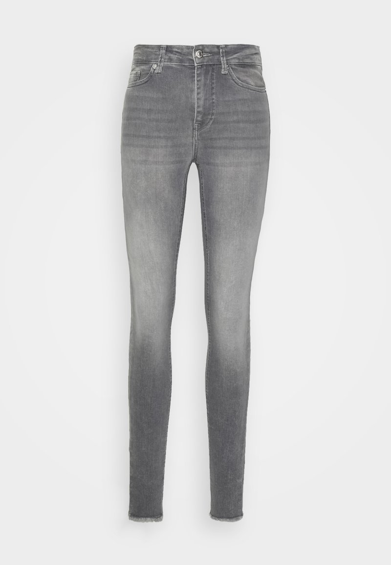 Jeans skinny feitos de denim cinza, com um efeito desbotado, design padrão de cinco bolsos e bainha desfiada no tornozelo.