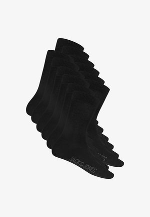 Black cotton socks, crew length, featuring a smooth texture and ribbed top. Logo "JACK & JONES" in gray on the side. Set of several pairs.