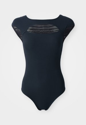 Fekete bodysuit sima anyagból, hálós panelek a női ujjakon és a mellkason, kerek nyakkivágás és karcsú, testhezálló sziluett jellemzi.