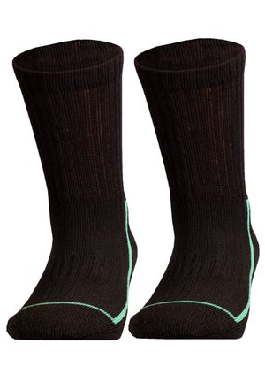 Black socks with a ribbed texture, featuring turquoise accents on the cuff and toe. Mid-calf length with a seamless design for comfort.