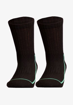 Black socks with a ribbed texture, featuring turquoise accents on the cuff and toe. Mid-calf length with a seamless design for comfort.