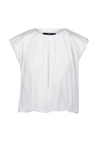 Blouse blanche à manches courtes avec un col rond, en tissu doux au toucher lisse, et détail de tissu froncé à l'avant.