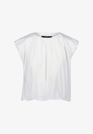 Weiße Kurzarmbluse mit rundem Ausschnitt, weichem Stoff mit glatter Textur und gerafftem Stoffdetail an der Vorderseite.