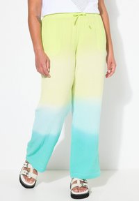 Lichte, loszittende broek met een verloop van felgeel naar teal, met een gestructureerde stof en een verstelbare trekkoord tailleband.