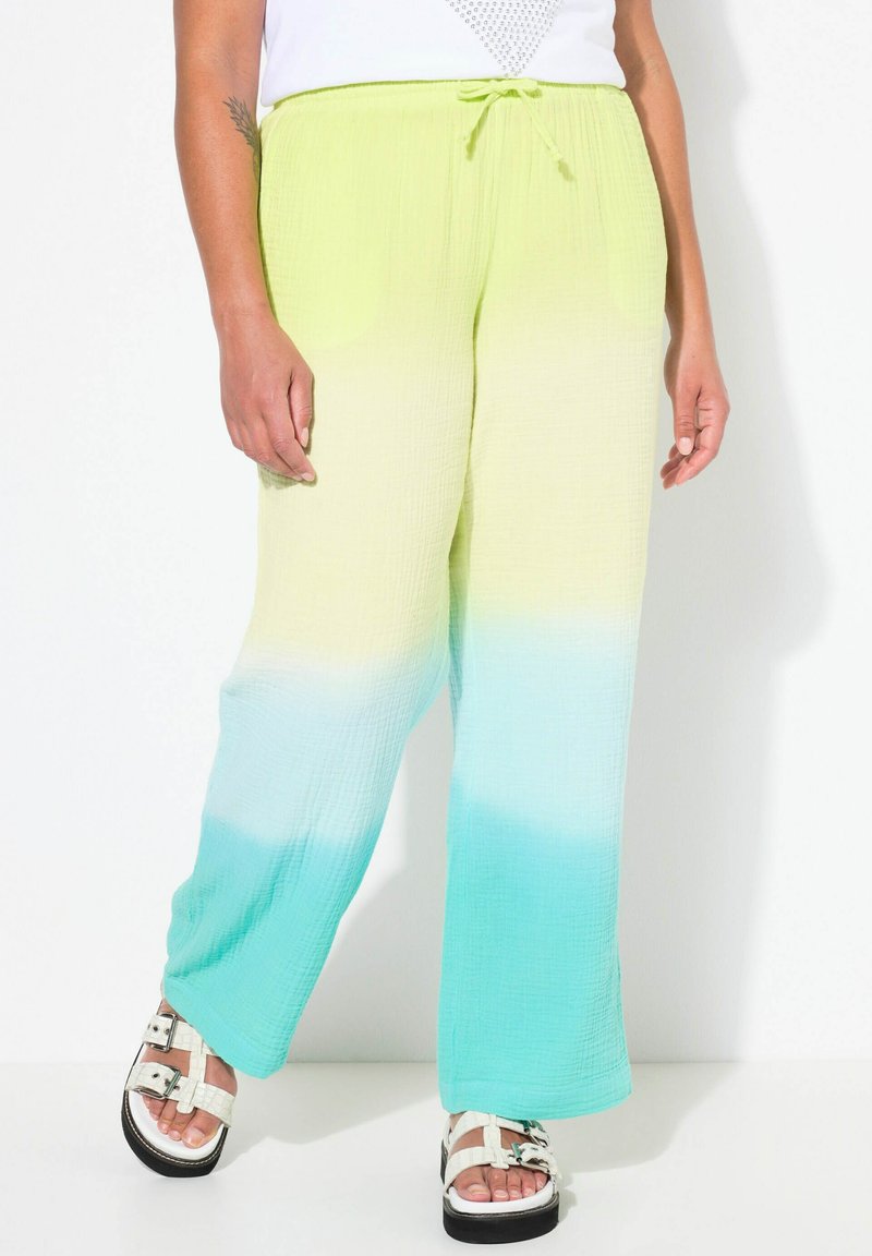 Lichte, loszittende broek met een verloop van felgeel naar teal, met een gestructureerde stof en een verstelbare trekkoord tailleband.