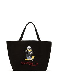 Fekete táska Donald Duck illusztrációval, napszemüveget és öltönyt viselve, piros szöveggel és szív részlettel. Anyaga szövet, erős fogantyúkkal rendelkezik.