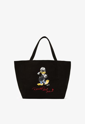 Bolso tote negro con ilustración de Donald Duck, usando gafas de sol y un traje, con texto rojo y un detalle de corazón. Fabricado en tela, con asas resistentes.