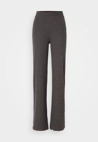 Gray ribbed knit pants with a wide, elastic waistband; straight-leg design; textured fabric with vertical lines.