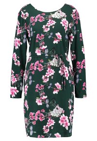 Groene bloemenjurk met lange mouwen, versierd met roze en paarse bloemen, een losse pasvorm en een tailleband voor aanpasbare styling.