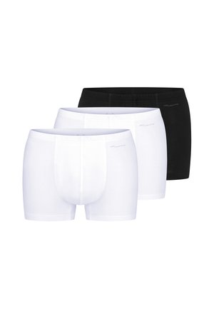Tre herre boxer briefs i to hvide og en sort, arrangeret i et lagdelt række på hvid baggrund.