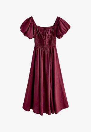 Burgundivörös midi ruha puffos ujjakkal, gyűrt bodiccal és megkötős részlettel. Könnyű anyagból készült, sima textúrával.