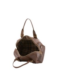 Borsa a tracolla in pelle marrone con un ampio interno, chiusura con zip e fodera a quadri. Presenta due manici robusti e dettagli in hardware dorato.