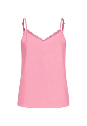 Pink sleeveless camisole with adjustable straps and scalloped lace trim along the V-neckline, made of soft fabric.