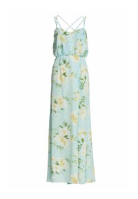 Robe maxi bleu clair avec imprimé floral blanc et jaune, fines bretelles croisées et taille froncée.