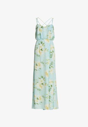 Robe maxi bleu clair avec imprimé floral blanc et jaune, fines bretelles croisées et taille froncée.