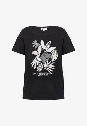 Czarna bawełniana koszulka z graficznym wzorem białych i srebrnych liści, z napisem "ŻYCIE JEST KOLEKCJĄ WSPOMNIEŃ" poniżej.