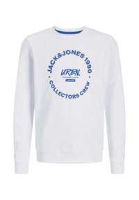 Vit crewneck sweatshirt i bomull, med en blå cirkulär grafisk textdesign med "JACK & JONES 1990" och "COLLECTORS CREW."
