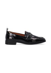 Zwarte gepatineerde loafers met een elegante uitstraling, een gladde textuur en een lage hak. Inclusief decoratieve banddetails op de wreef.