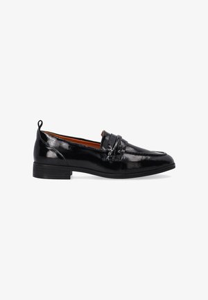 Schwarze lackierte Loafers mit einem eleganten Design, einer glatten Textur und einem niedrigen Absatz. Enthält dekorative Riemen-Details auf dem Blatt.