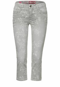 Jeans mit gestreiftem Muster und floralen Designs in Grau- und Weißtönen; mit Knopf und Taschendetails vorne.
