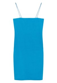 Robe moulante bleu stretch avec fines bretelles, présentant un tissu lisse et texturé ainsi qu'une silhouette ajustée pour une forme épurée.