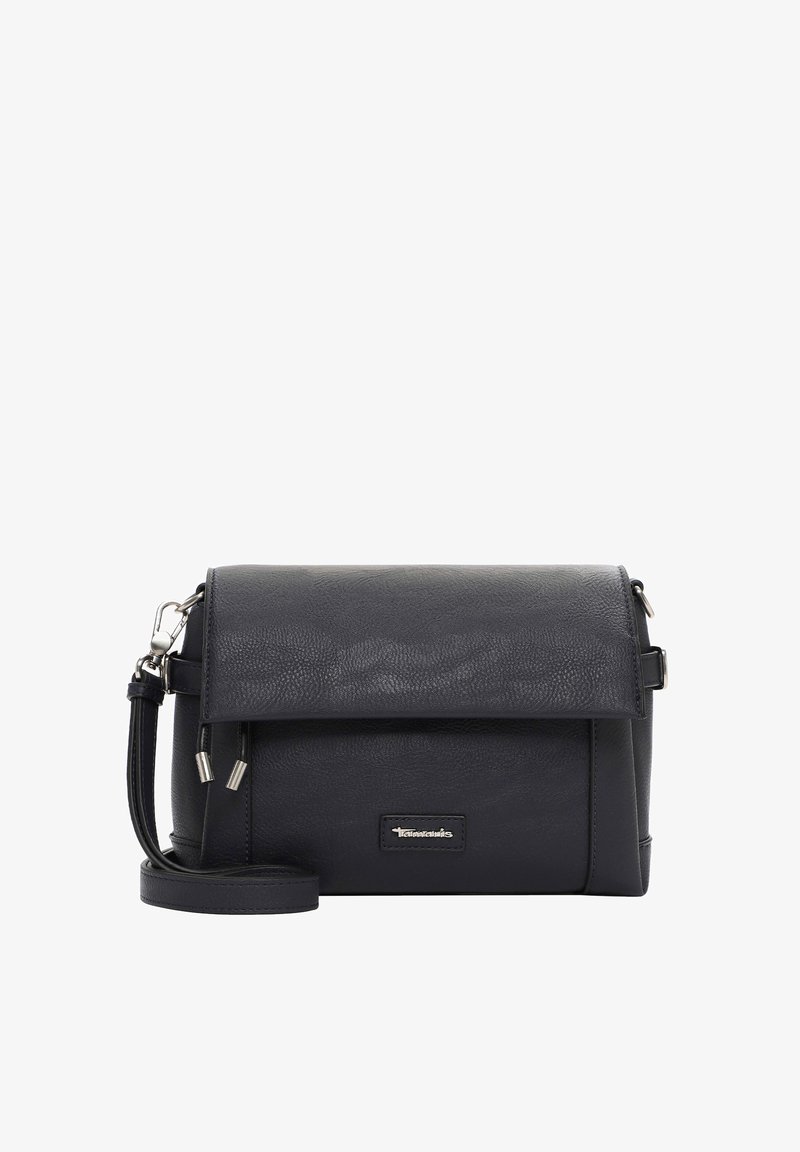Black leather crossbody bag with a flap closure, silver-toned hardware, textured surface, and an adjustable strap. Compact rectangular shape.