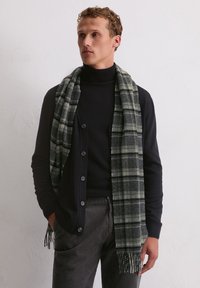 Sciarpa a quadri grigia e verde realizzata in morbido tessuto, con estremità frangiate. Indossata su un dolcevita nero e un cardigan con bottoni.