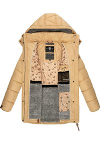 Beige puffer jacket with a faux fur-lined hood. Lined interior features a patterned fabric and multiple pockets in grey and beige textures.