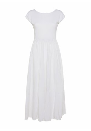 Rochie maxi albă cu mâneci scurte tip cap, decolteu rotund și talie șnur, care se continuă cu o fustă fluidă din material ușor.