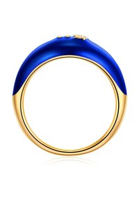 Zils metāla gredzens ar gludu, izliekta dizaina, zelta iekšpusi un trim nelielām zelta akcentiem augšpusē.