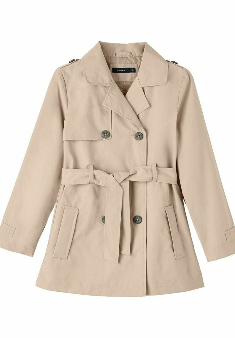 Trench-coat beige croisé avec col à revers, ceinture à la taille, épaulettes boutonnées et deux poches devant.