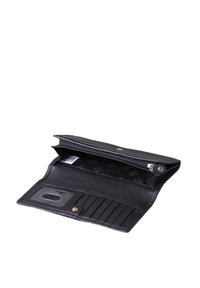 Black leather wallet with a zip closure, multiple card slots, and a transparent ID holder, featuring a patterned interior.