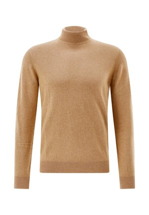 Brown turtleneck sweater crafted from soft material, featuring long sleeves, a fitted collar, and ribbed cuffs at the hem and sleeves.