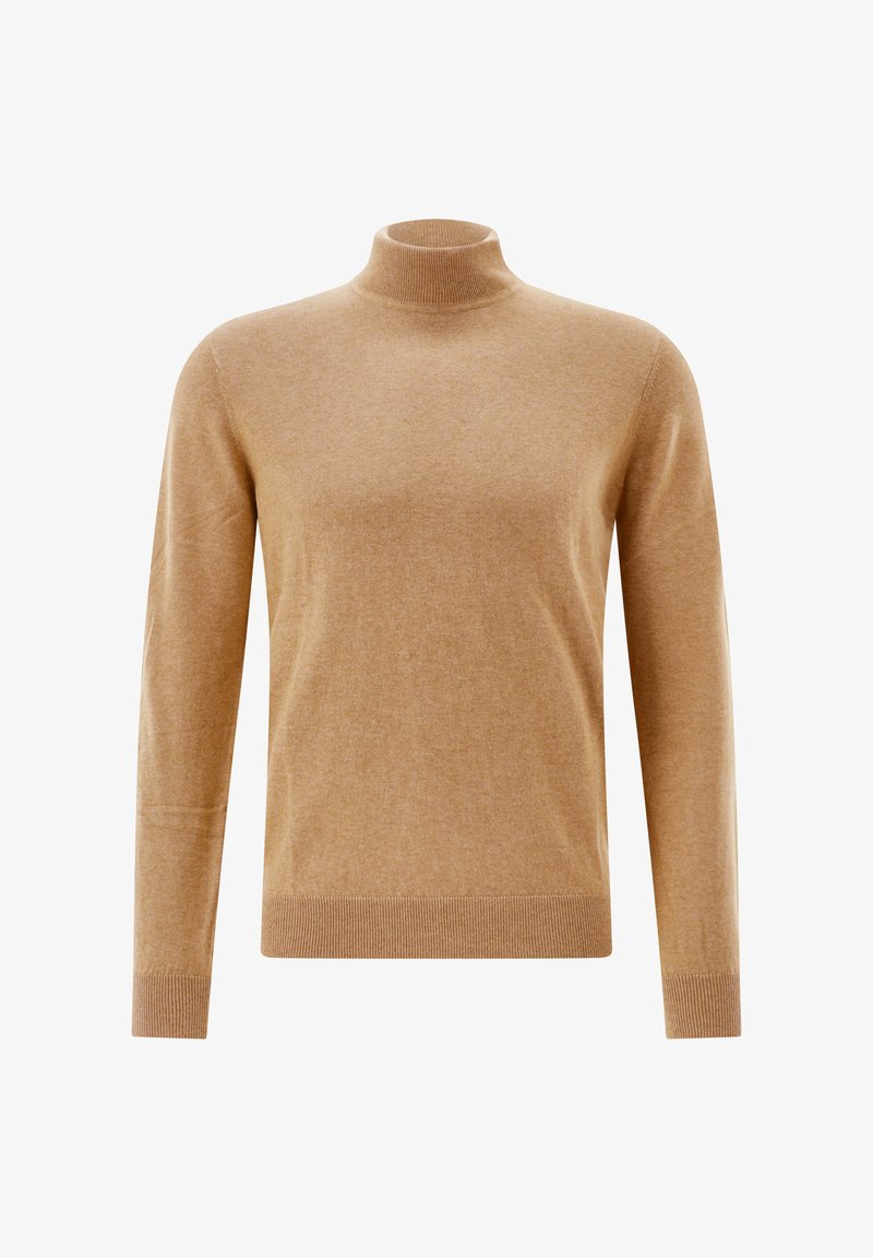 Brauner Rollkragenpullover aus weichem Material, mit langen Ärmeln, einem enganliegenden Kragen und gerippten Bündchen am Saum und an den Ärmeln.