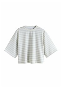 Light green short-sleeve top with horizontal stripes, ribbed texture, round neckline, and a loose fit. Fabric is soft and breathable.